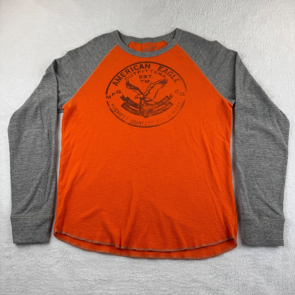 American Eagle Thermal Shirt Mens Large Orange Grey Raglan Graphic Waffle Knit
